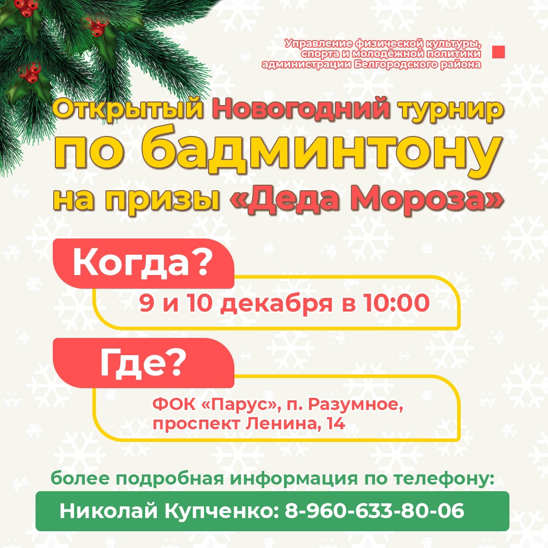 Открытый Новогодний турнир по бадминтону на призы «Деда мороза» пройдёт в Белгородском районе.