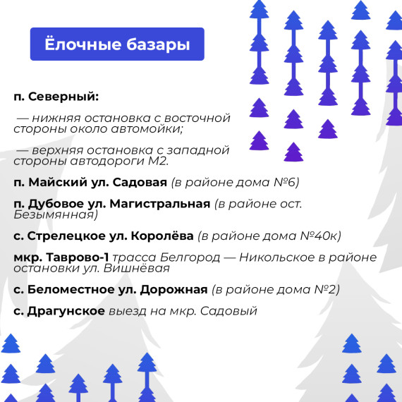 В Белгородском районе начали свою работу ёлочные базары. В Белгородском районе начали свою работу ёлочные базары.