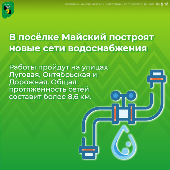 В посёлке Майский построят новые сети водоснабжения. В посёлке Майский построят новые сети водоснабжения.