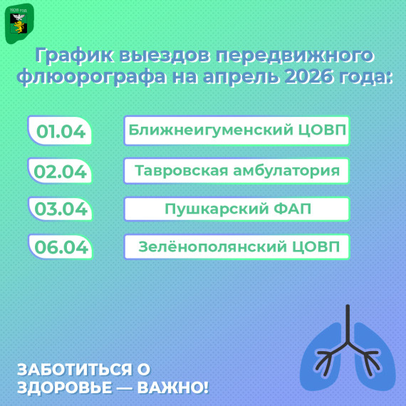 В апреле 2026 года наш передвижной флюорограф продолжит свою работу, делая диагностику доступнее для вас.