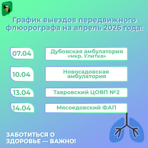 В апреле 2026 года наш передвижной флюорограф продолжит свою работу, делая диагностику доступнее для вас.