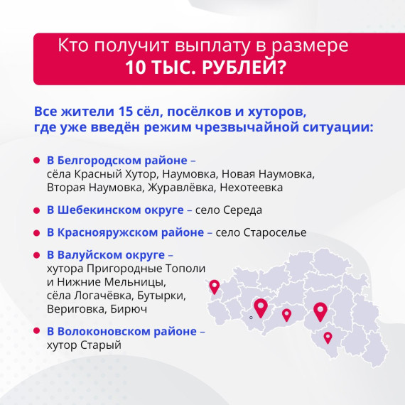 Жители приграничных территорий Белгородской области получат единовременные выплаты – 10 и 50 тысяч рублей.